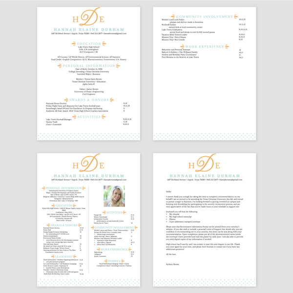 From top left (clockwise) 1st page of multi-page resume, 2nd page of multi-page resume, Single-page resume, Cover letter
