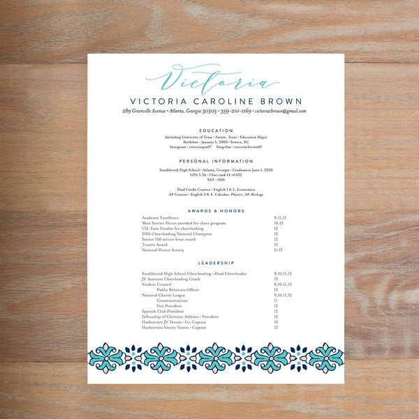 Tile Border social resume letterhead with full formatting shown in Tiffany & Night