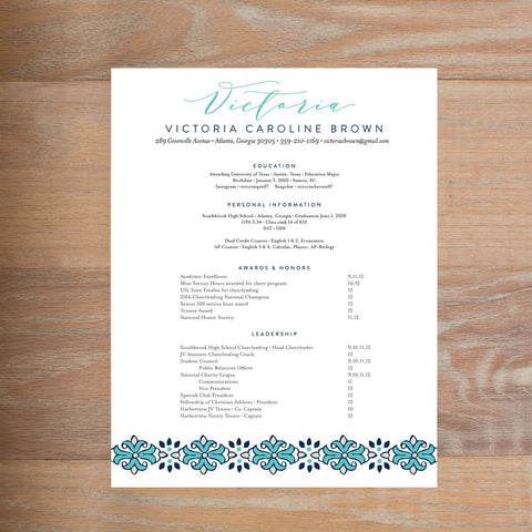 Tile Border social resume letterhead without formatting shown in Tiffany & Night version 2