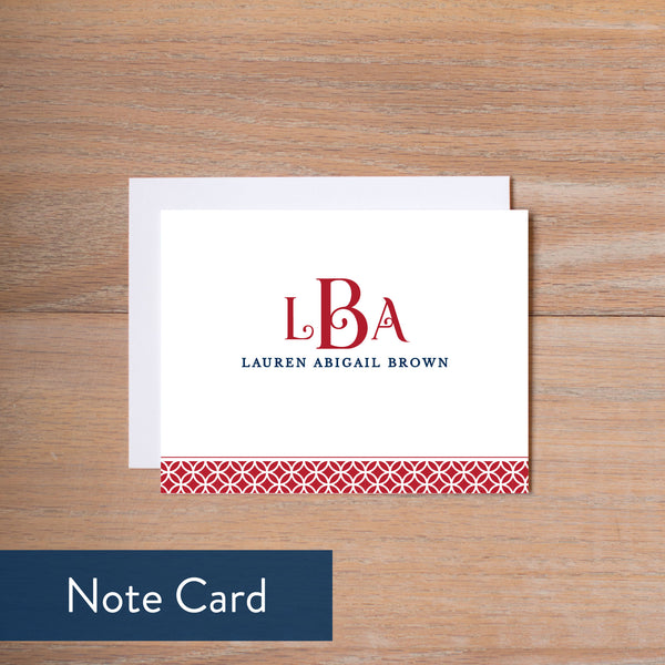 Red Lattice Monogram note card