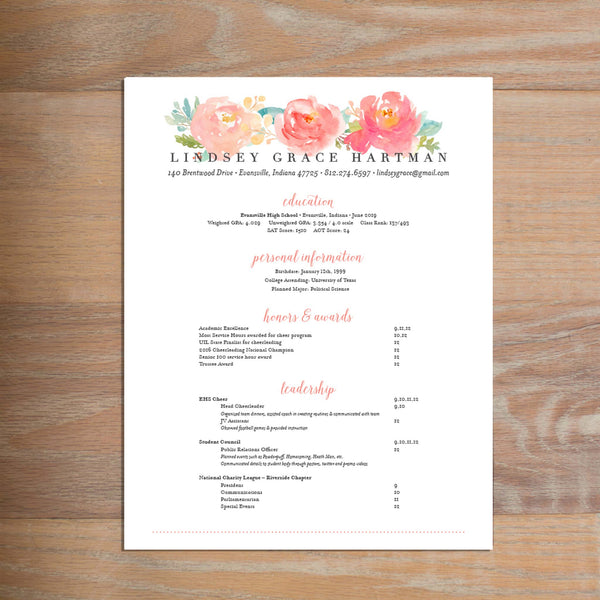 Peony Garden social resume letterhead with full formatting