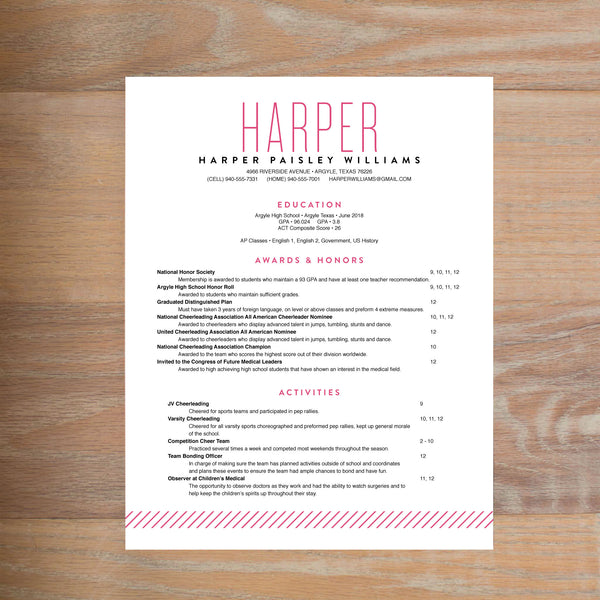 Big Name social resume letterhead with full formatting shown in Peony & Black