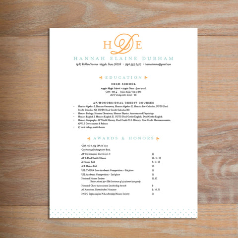 Sweet Monogram social resume letterhead without formatting shown in Sorbet & Pool