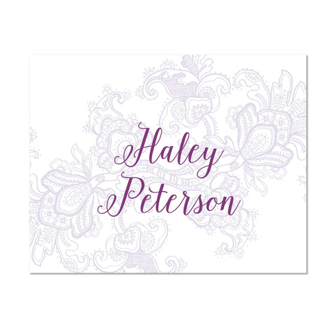Delicate Lace Personalized Folder Sticker shown in Grape & Plum