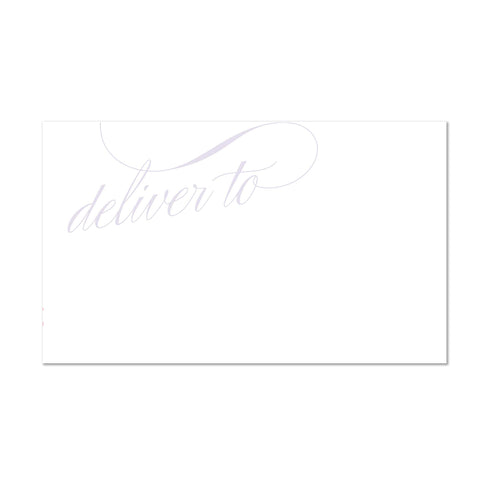 Elegant Script mailing label shown in Plum on Bluebell presentation envelope 
